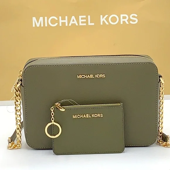 MICHAEL KORS LARGE EAST WEST CROSSBODY & Top Zip Coinpouch With ID Card OLIVE - Picture 1 of 16